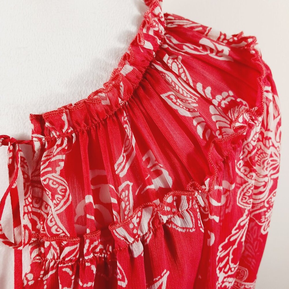 Evereve, M Red and White Print Blouse, Long Sleeve, Tie V Neck Small Ruffle Trim - Picture 8 of 16